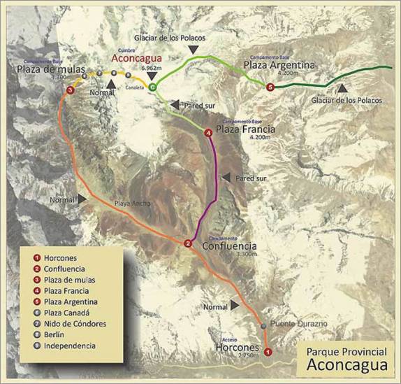 Mapa de trilhas e altitudes da região do Aconcágua, a maior montanha das Américas, nos Andes argentinos. Nós caminhamos de Horcones até Confluencia no 1o dia. No 2o dia, fomos até Plaza Francia, em frente à Parede Sul e retornamos à Confluencia. No 3o dia